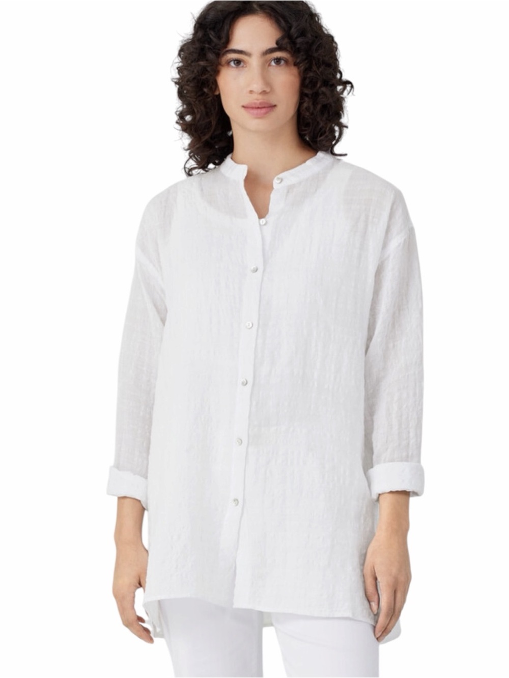 Eileen Fisher Linen Cotton Sheer Check Mandarin Collar Shirt White XXS Button Up